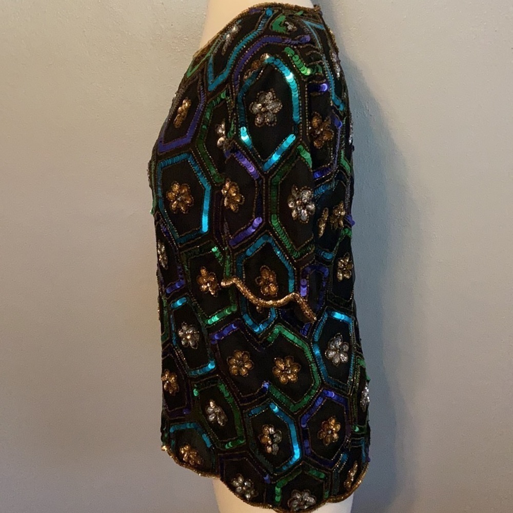 Vintage Y2K Night Vogue Top Heavily Sequined Silk Small Holiday - Picture 3 of 12